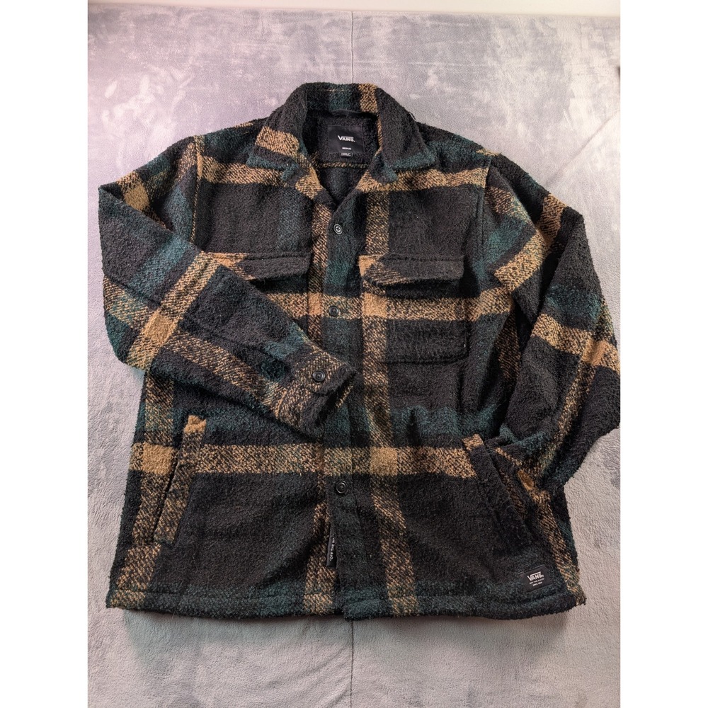 Vans Mens Loose Fit Plaid Fleece Shirt Jacket Black Green Tan Medium Shacket